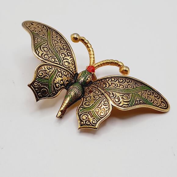 Vintage Damascene Butterfly Brooch, Gold Tone Green Black Red Enamel – 2 ¾” - Picture 9 of 9